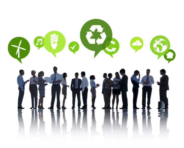 A line of people in business attire with green speech bubbles above them containing graphics pertaining to sustainability