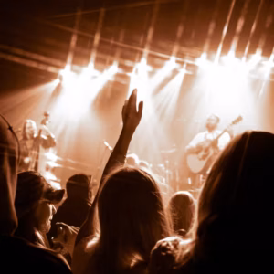 Carlos Barata on stage playing guitar with fans in the foreground